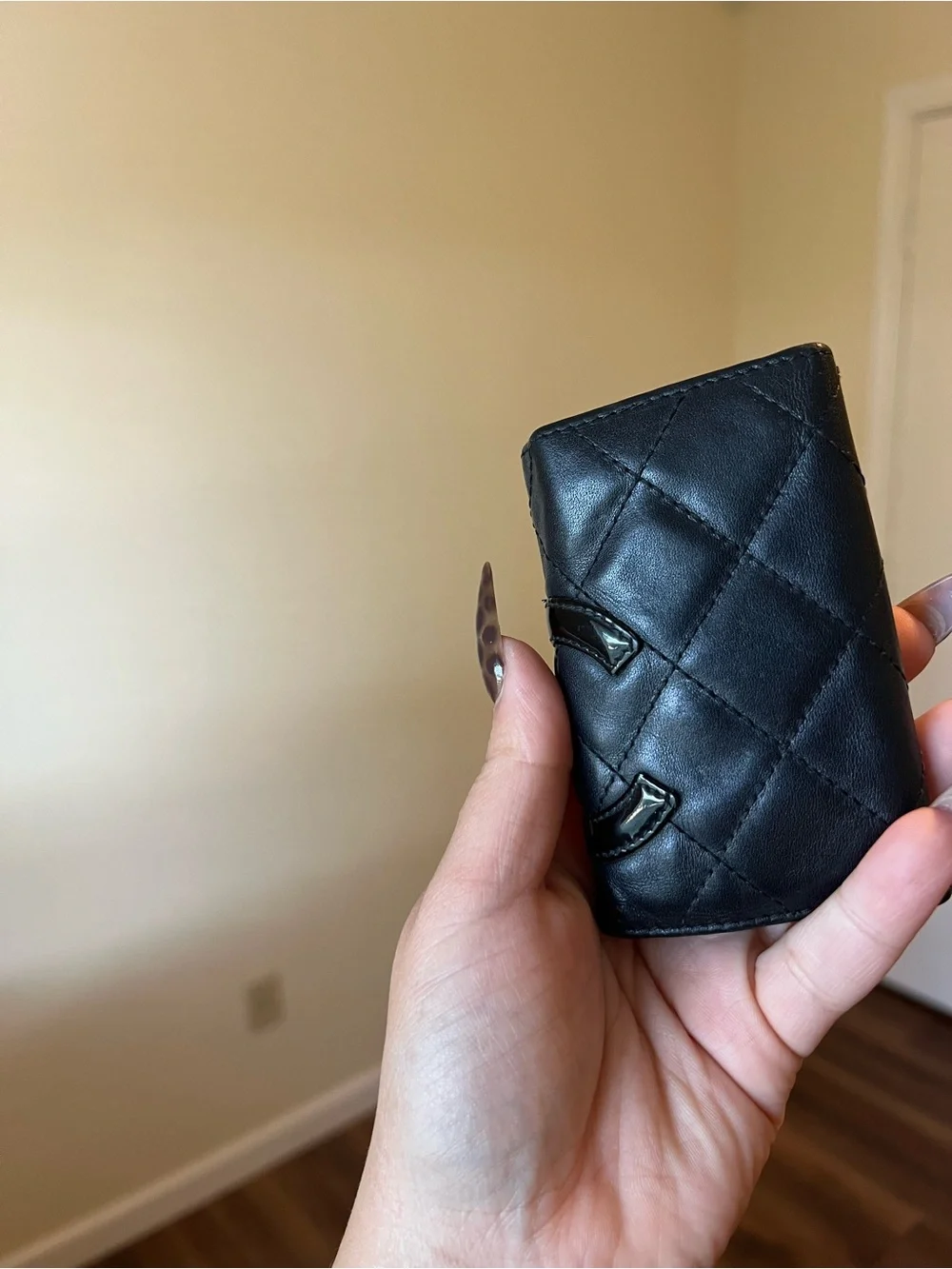 CHANEL Black Leather Key & Card Holder with Pink Interior